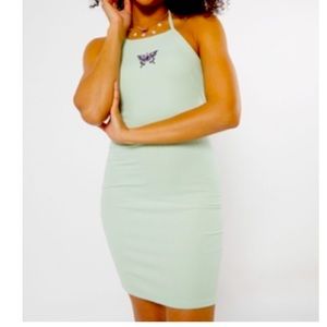 Mint Embroidered Butterfly High Neck Bodycon Dress